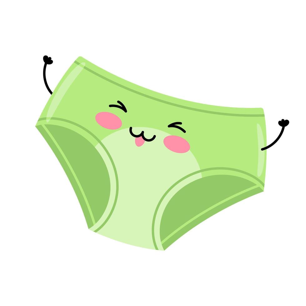 Reusable menstrual period panties. Women's intimate hygiene item. Happy kawaii character. vector