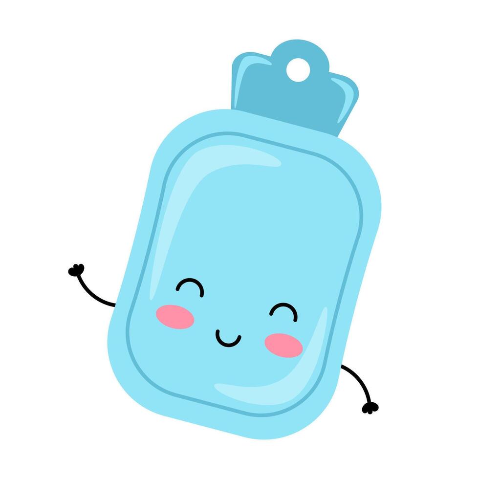 Hot water bottle for menstrual period. Women's intimate health item. Happy kawaii character. vector