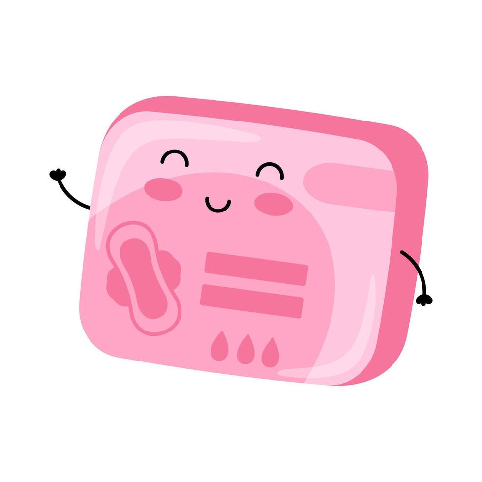 Menstrual period pads in a pack. Women's intimate hygiene item. Happy kawaii character. vector