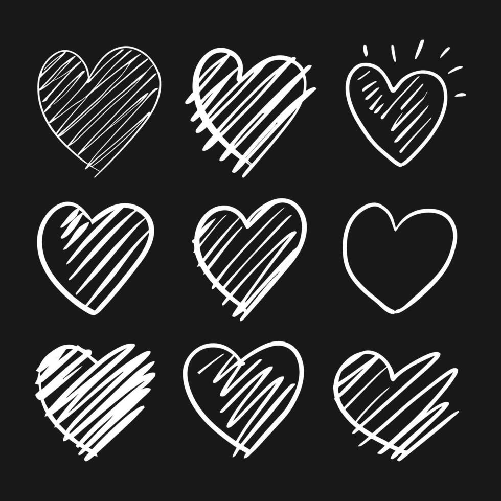 Hand-drawn scratchy heart illustration set vector