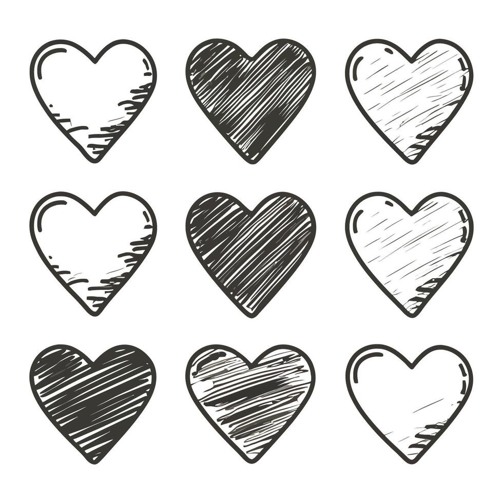 Hand-drawn scratchy heart illustration set vector