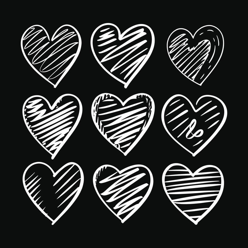 Hand-drawn scratchy heart illustration set vector