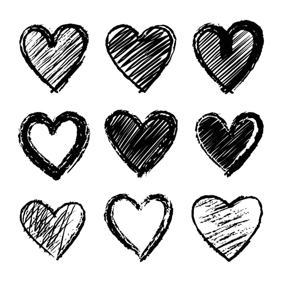 Hand-drawn scratchy heart illustration set vector