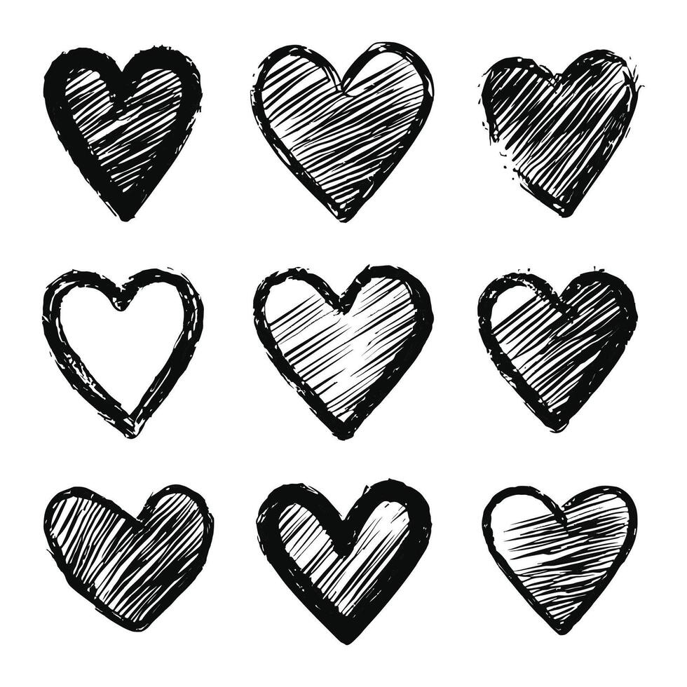 Hand-drawn scratchy heart illustration set vector