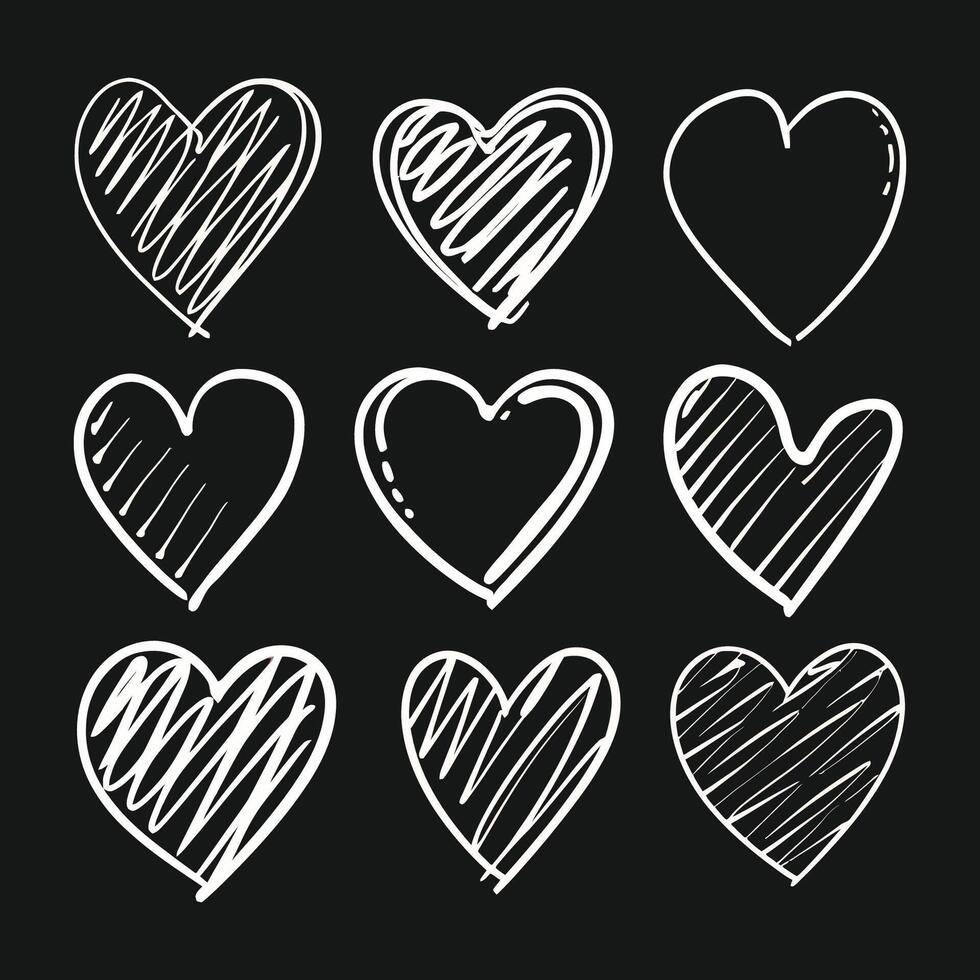 Hand-drawn scratchy heart illustration set vector