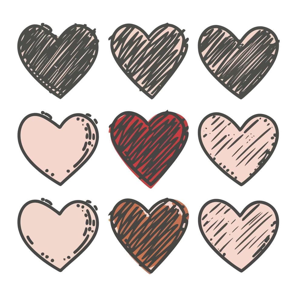 Hand-drawn scratchy heart illustration set vector