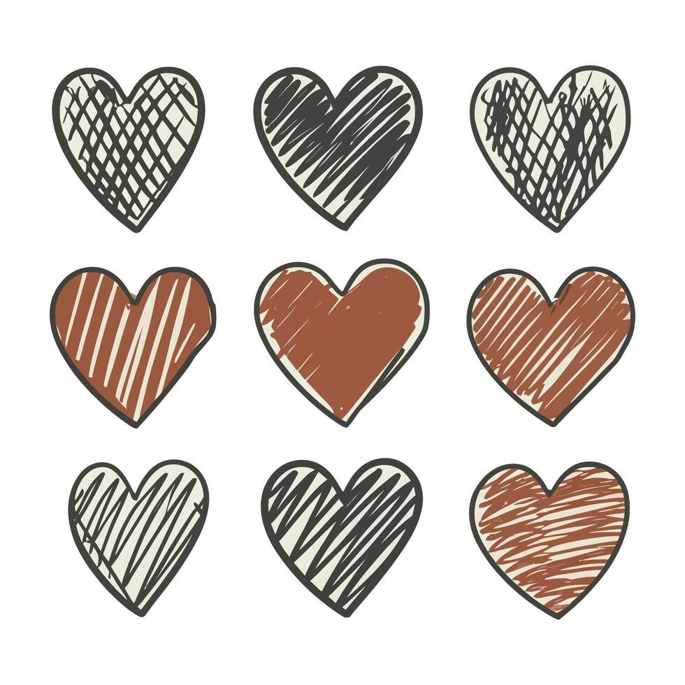 Hand-drawn scratchy heart illustration set vector