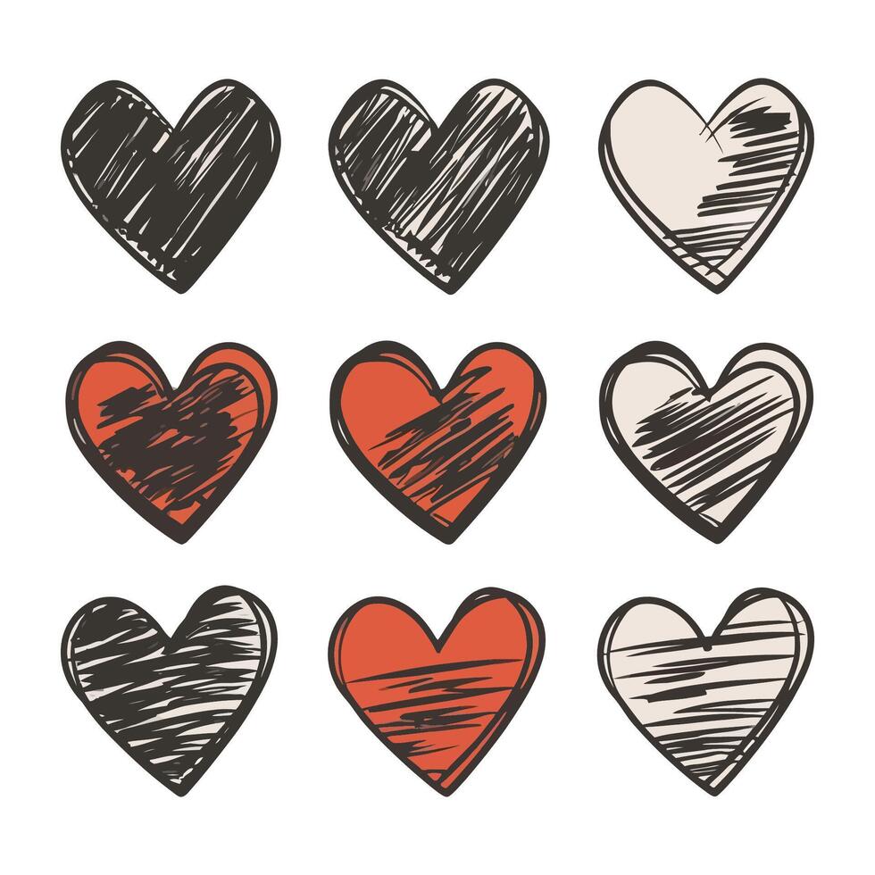 Hand-drawn scratchy heart illustration set vector