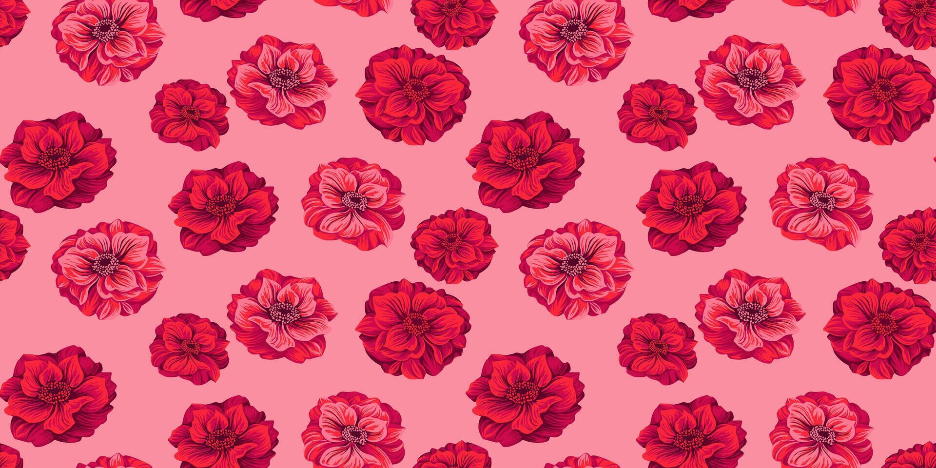 Monotone red rose abstract artistic floral seamless patterned. Vector hand drawn illustration stylized flowers Trollius, Ranunculus Asiatic us background. Design for fabric, fashion, textile, printing