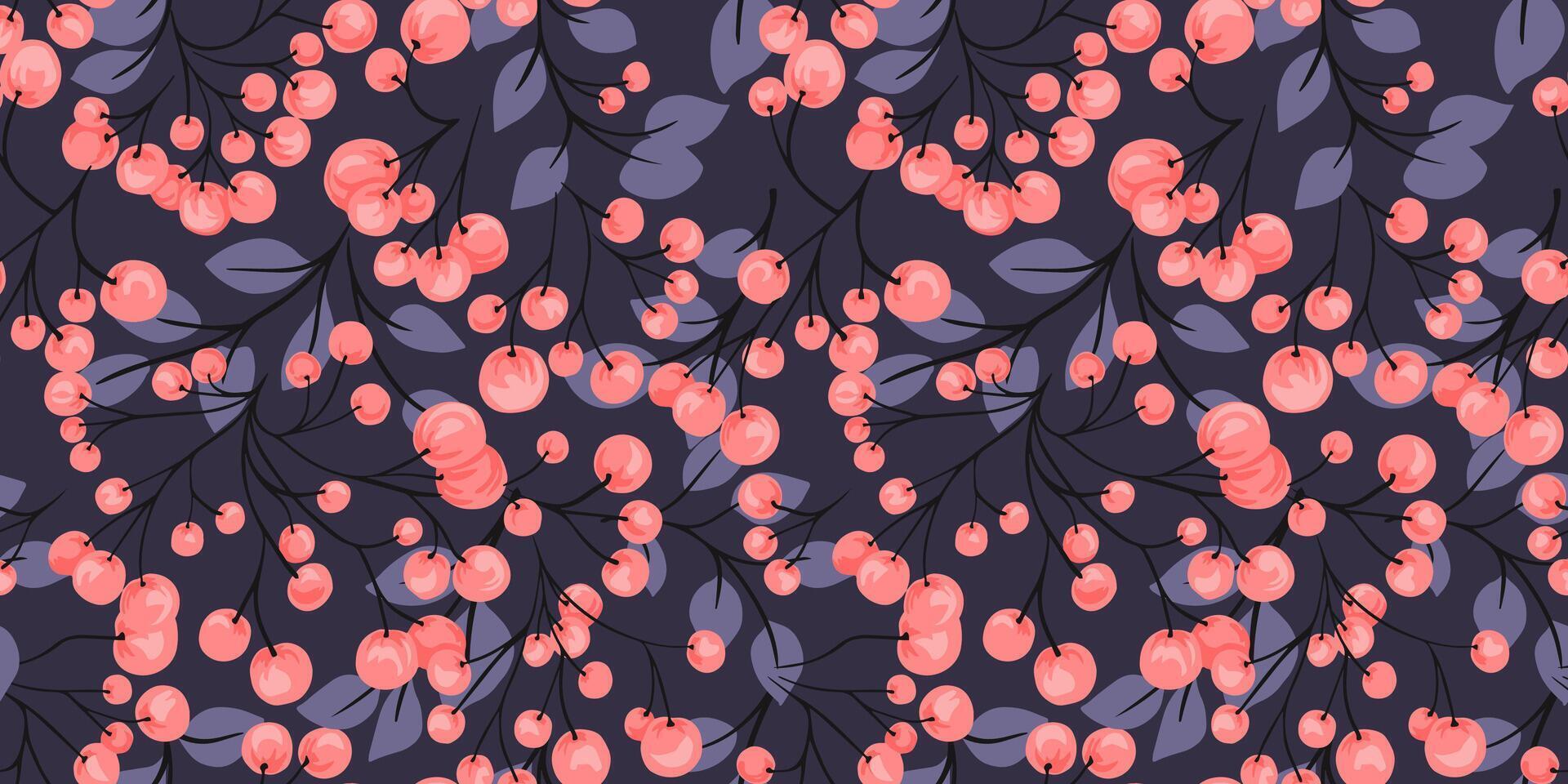 Artistic abstract branches with shapes orange berries intertwined in a seamless pattern on a black background. Vector hand drawn illustration. Colorful botanical autumn print. Collage for designs