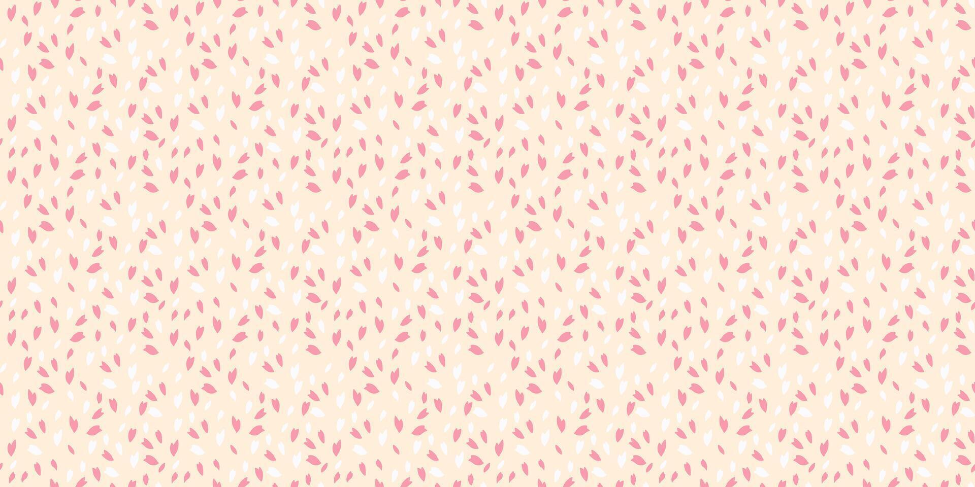 Seamless pattern with pink polka dots on a light yellow background. Vector hand drawn doodle sketch. Simple tiny shapes random snowflakes, circles drops, spots. Template for design, textile, printing