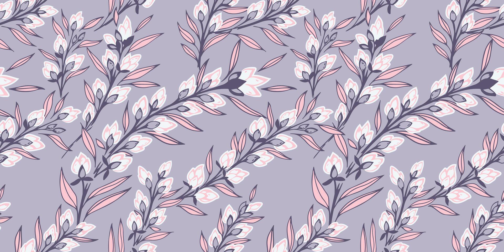 Pastel blooming floral stems seamless pattern. Abstract creative branches with leaves, buds flowers on a light grey background. Stylized meadow printing. Vector hand drawn illustration.