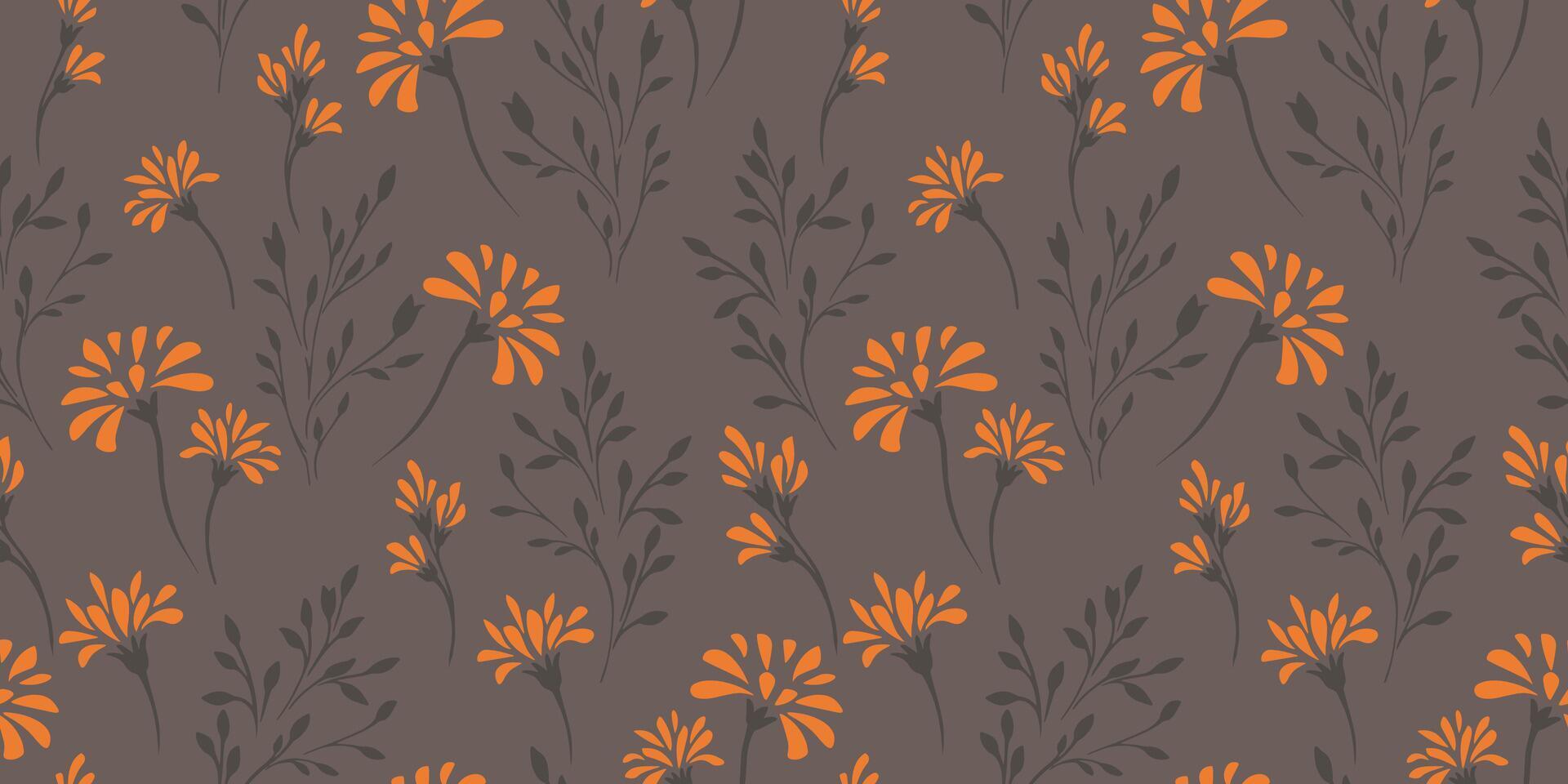 Seamless pattern with tiny abstract flat branches with ditsy flowers, buds drops. Trendy simple stylized spots floral brown background. Vector hand drawn sketch. Template for design, textile, printing