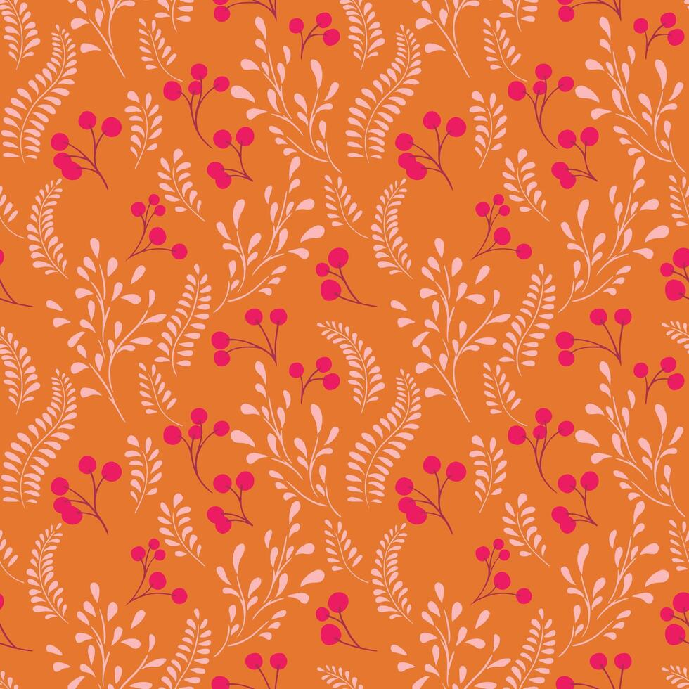 Simple autumn orange seamless pattern with abstract creative branches berries and shapes tiny drops, dots, spots. Vector hand drawn sketch. Template for design, printing, fashion, textiles, fabric