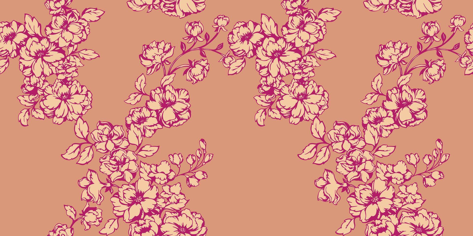 Colorful pink stylized floral seamless pattern on a beige background. Abstract artistic branches flowers with buds leaves printing. Vector drawn illustration. Template for design, fashion, fabric