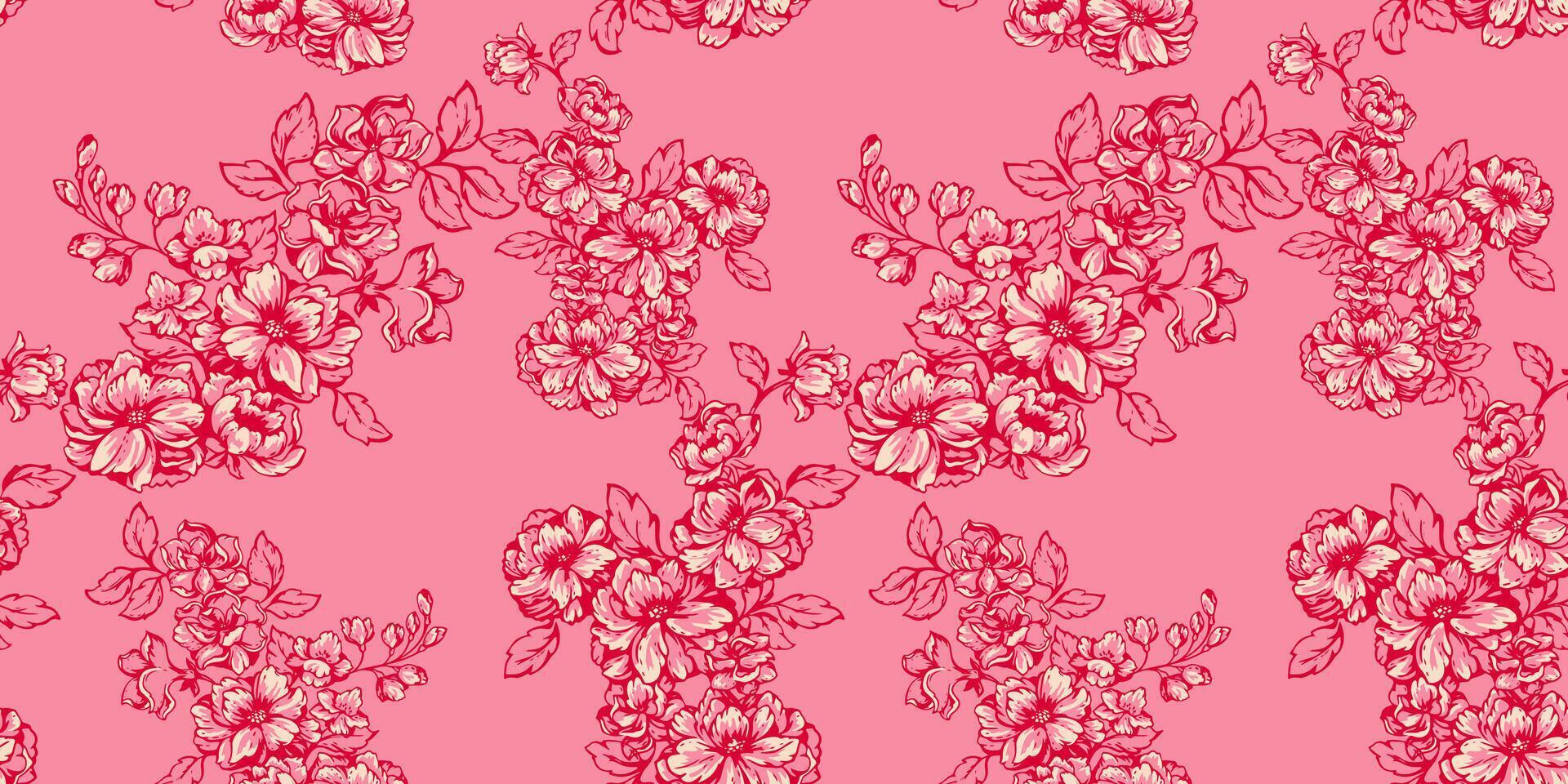 Artistic, abstract branches with flowers, buds, leaves seamless pattern. Stylized simple floral tapestry on a pink background. Vector hand drawn lines outline of flower print. Template for design