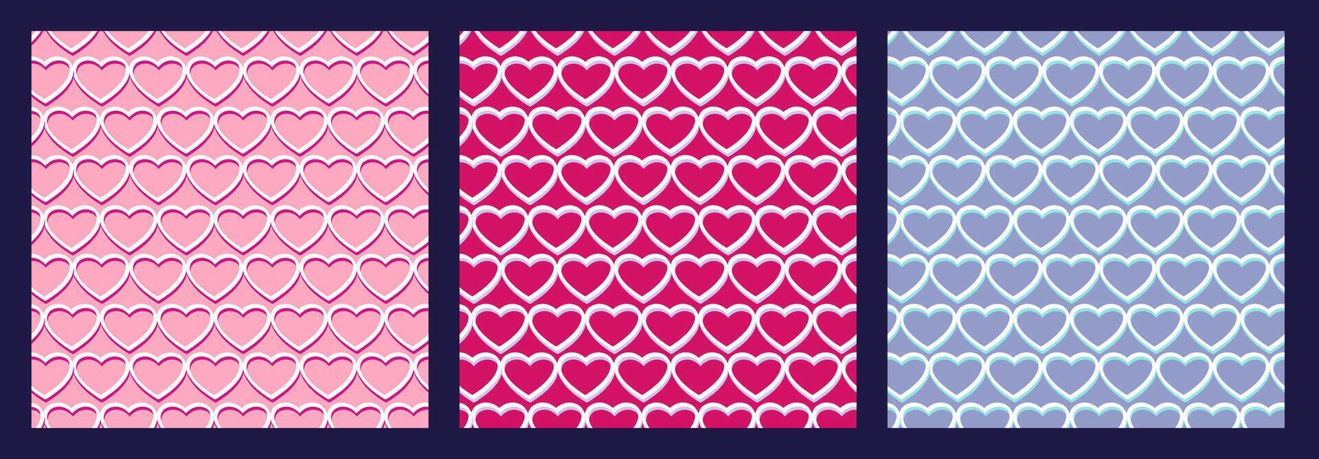 Simple vibrant seamless patterns with geometric hearts. Vector hand drawn shape silhouettes outline heart.  Valentine, love wedding backgrounds. Collage templates for textile, fashion, surface