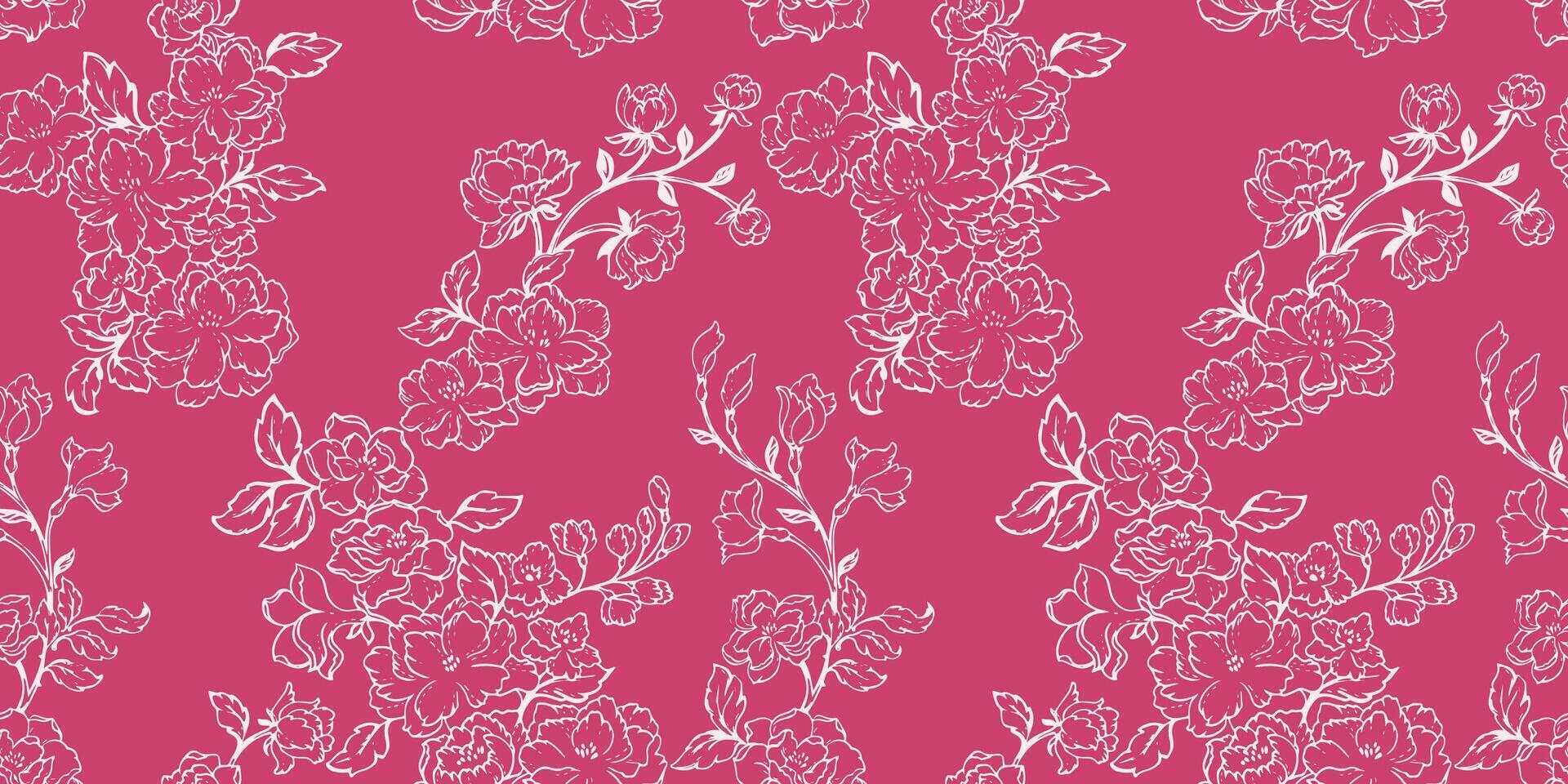 Seamless abstract, artistic, lines floral pattern. Vector hand drawn sketch outlines flowers.  Template for textile, fashion, print, surface design, fabric, indoor decor, wallpaper
