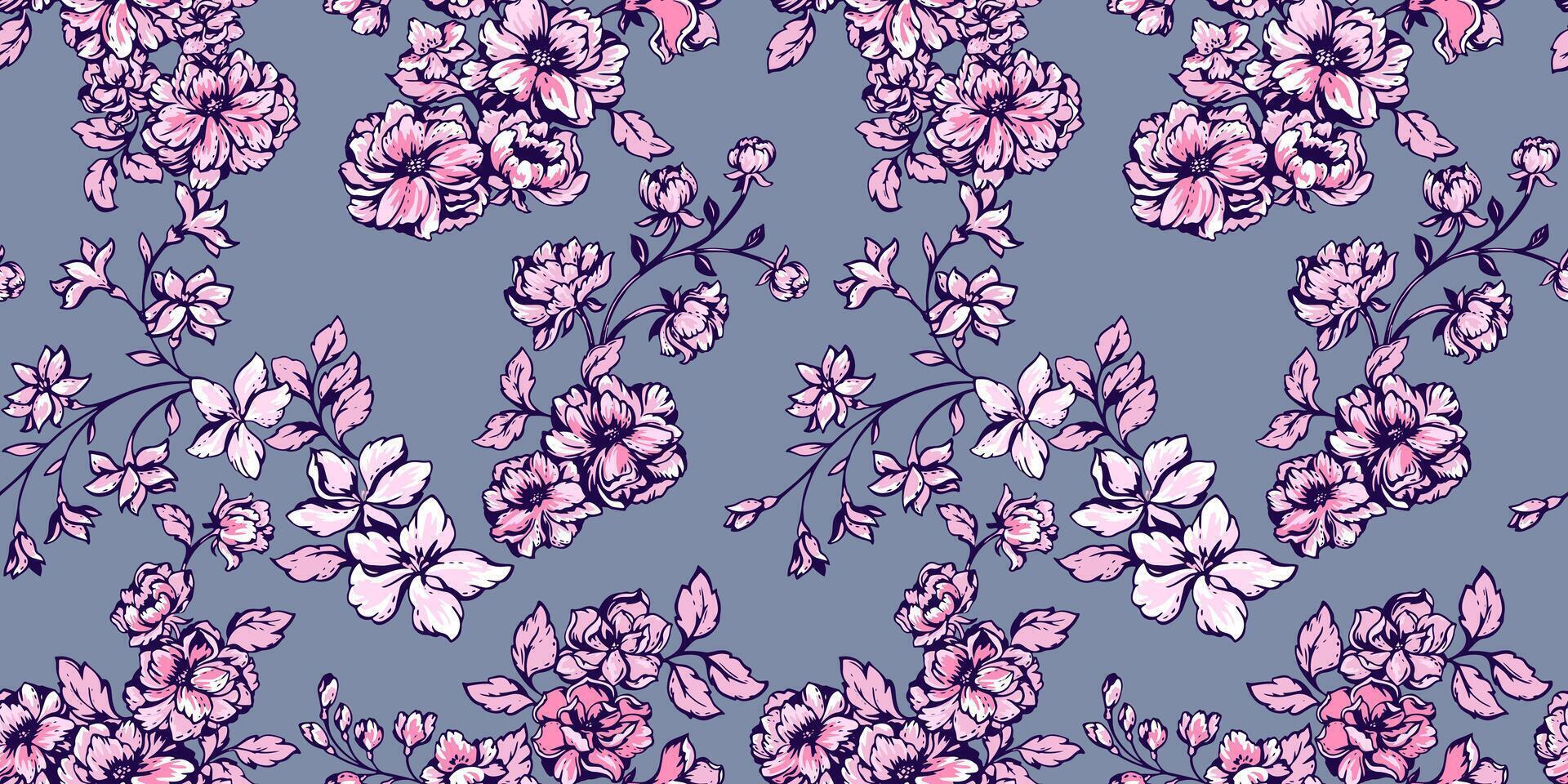 Beautiful stylized branches wild floral pattern. Bright pink gently botanical background. Vector hand drawn artistic, abstract blooming field of in many kinds flowers. Template for design, print