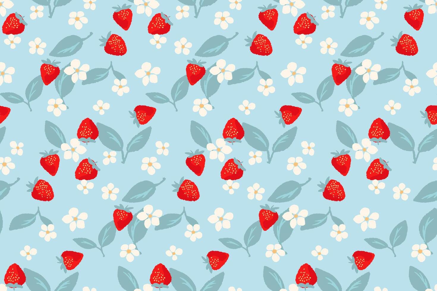 Colorful cute seamless pattern with red stylized strawberries, flowers, leaf. Vector hand drawn doodle sketch. Blue background with abstract strawberry print. Collage for designs, children textiles