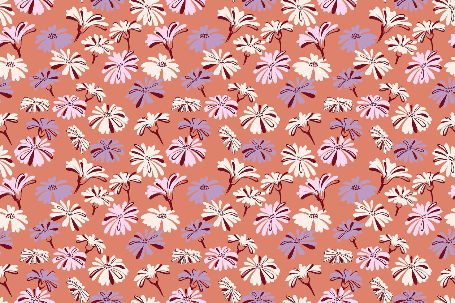 Retro pastel seamless pattern with abstract, simple floral. Vector hand drawn sketch. Ditsy flowers. Design for fashion, fabric, wallpaper.