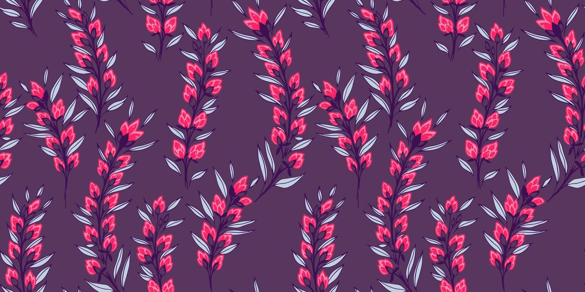 Bright stylized floral stems seamless pattern. Abstract creative branches with tiny leaves, buds flowers printing. Vector hand drawn illustration. Template for design, textile, fashion, fabric