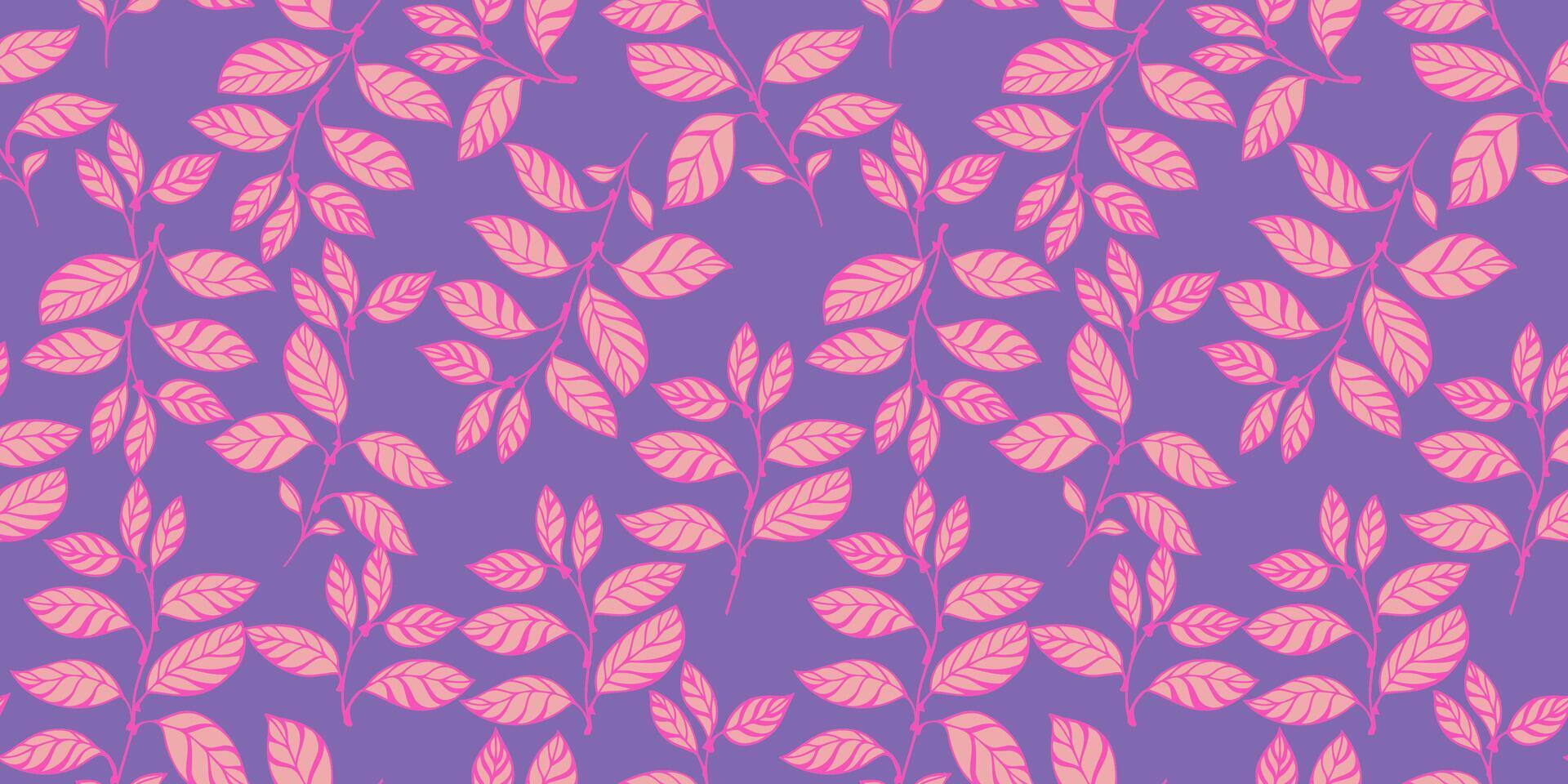 Bright simple creative branches leaves seamless pattern. Vector hand drawn. Abstract pink shape leaf stems on a purple background.Template for design, textile, fashion, print, surface design, fabric