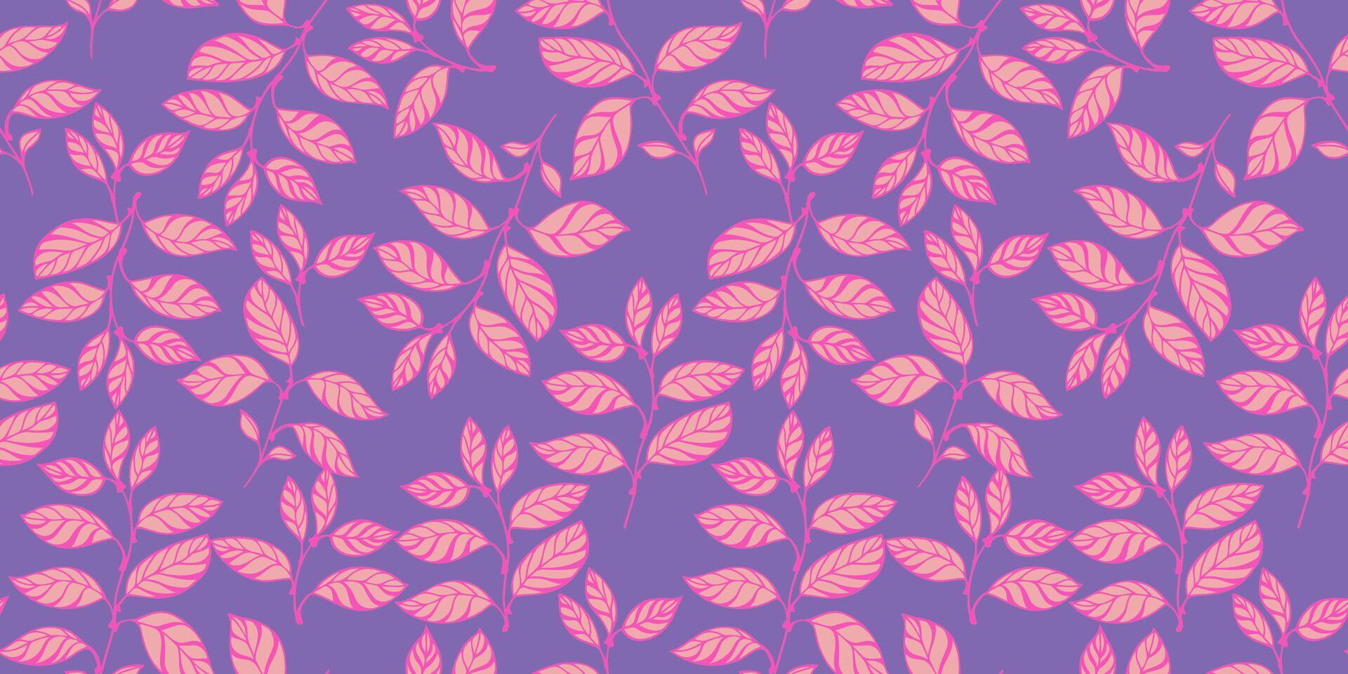 Bright simple creative branches leaves seamless pattern. Vector hand drawn. Abstract pink shape leaf stems on a purple background.Template for design, textile, fashion, print, surface design, fabric