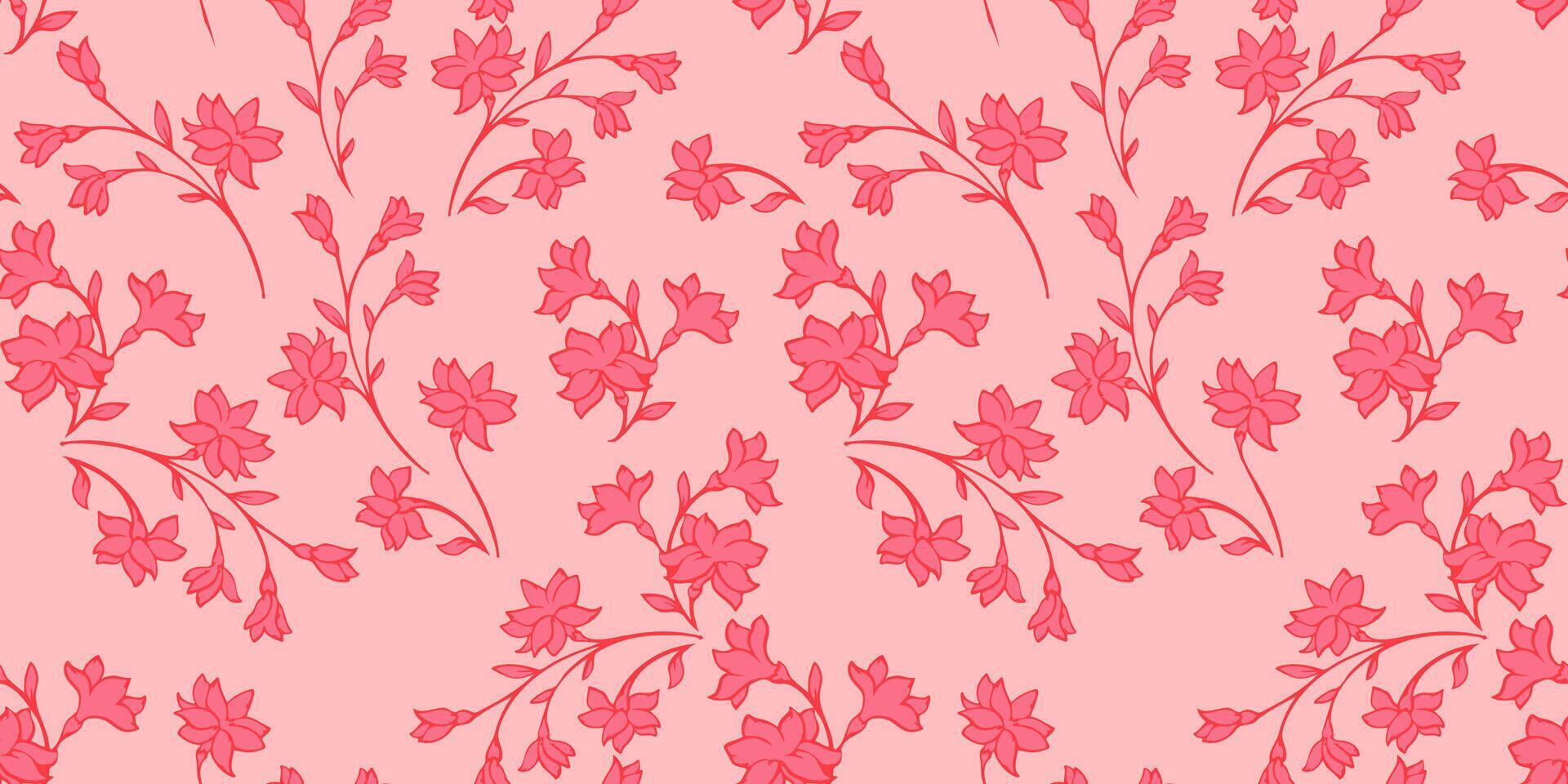 Contour silhouette seamless pattern with branches wild flowers and buds. Abstract red tiny floral stems patterned on a light background. Vector hand drawn sketch. Collage for designs, printing