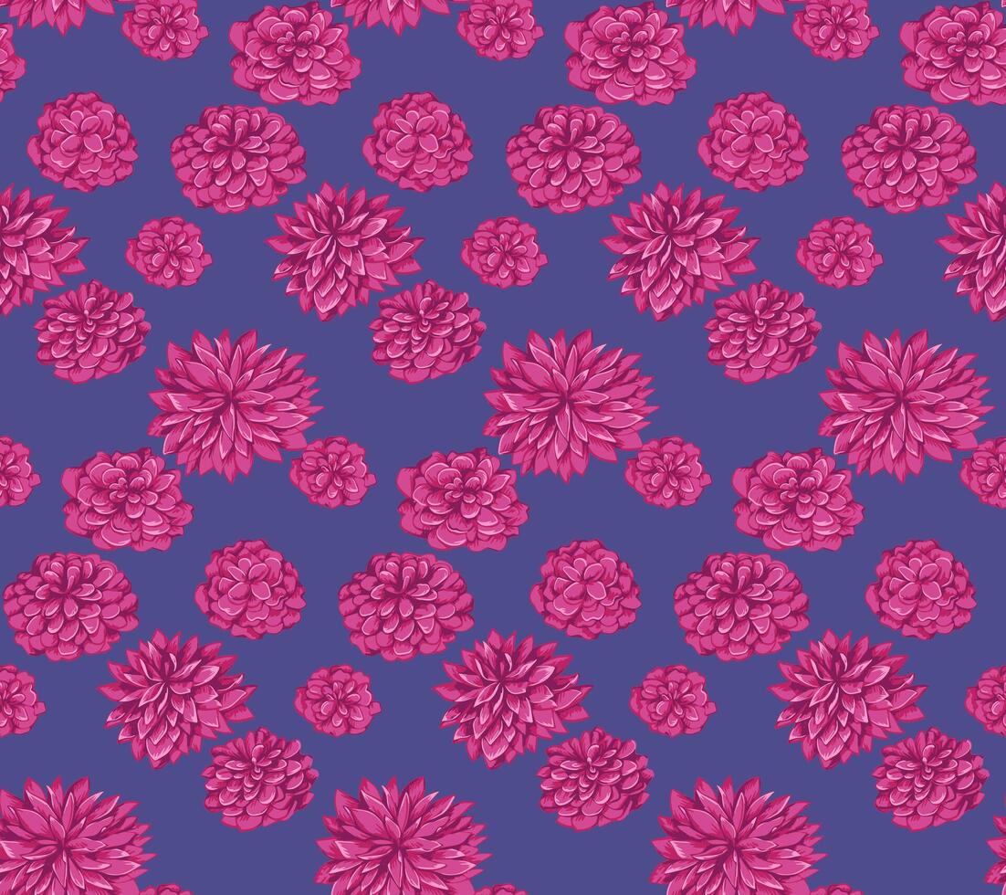 Stylized bright pink floral seamless pattern. Artistic flowers dahlias on a blue background. Vector hand drawn illustration. Blooming botanical motifs scattered randomly printing. Design f