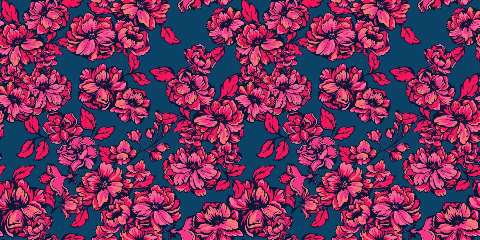 florido floral tapiz en un oscuro azul antecedentes. sin costura modelo con vistoso rojo, rosa, rosa, rosado flores . vector mano dibujado plantas y flores