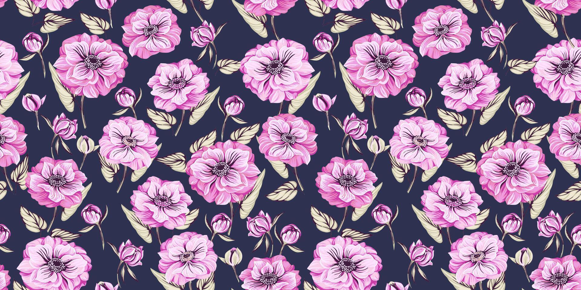 Artistic abstract pink flowers trollius and branches leaves, buds seamless pattern on a dark background. Beautiful blooming chic floral print. Vector hand drawn illustration  Design for template