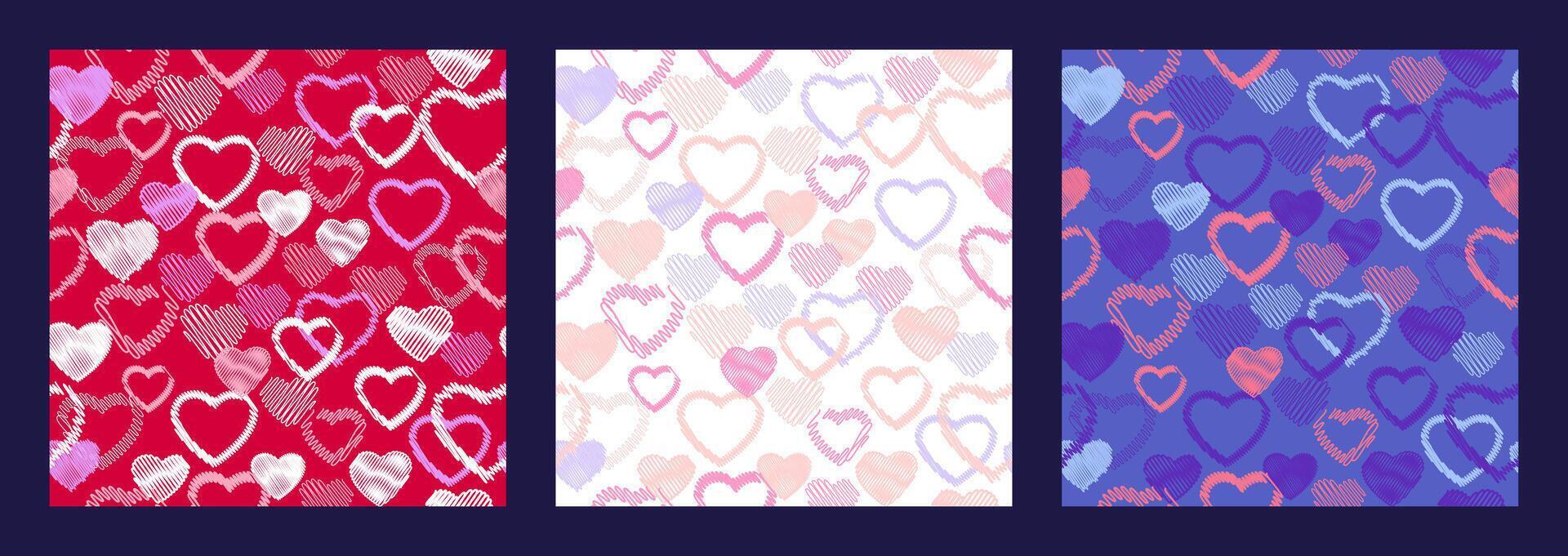 Colorful seamless pattern with hand drawn vector shape hearts. Print with set textured heart silhouettes outline. Valentine, love background. Template for textile, fashion, surface design, fabric