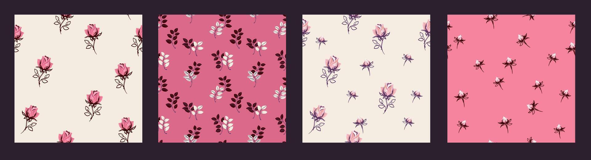 Pink cute collage of set seamless patterns with abstract tiny flowers roses, rosebud, buds, shapes stylized leaves.  Vector hand drawn sketch. Templates for design, printing, fabric,