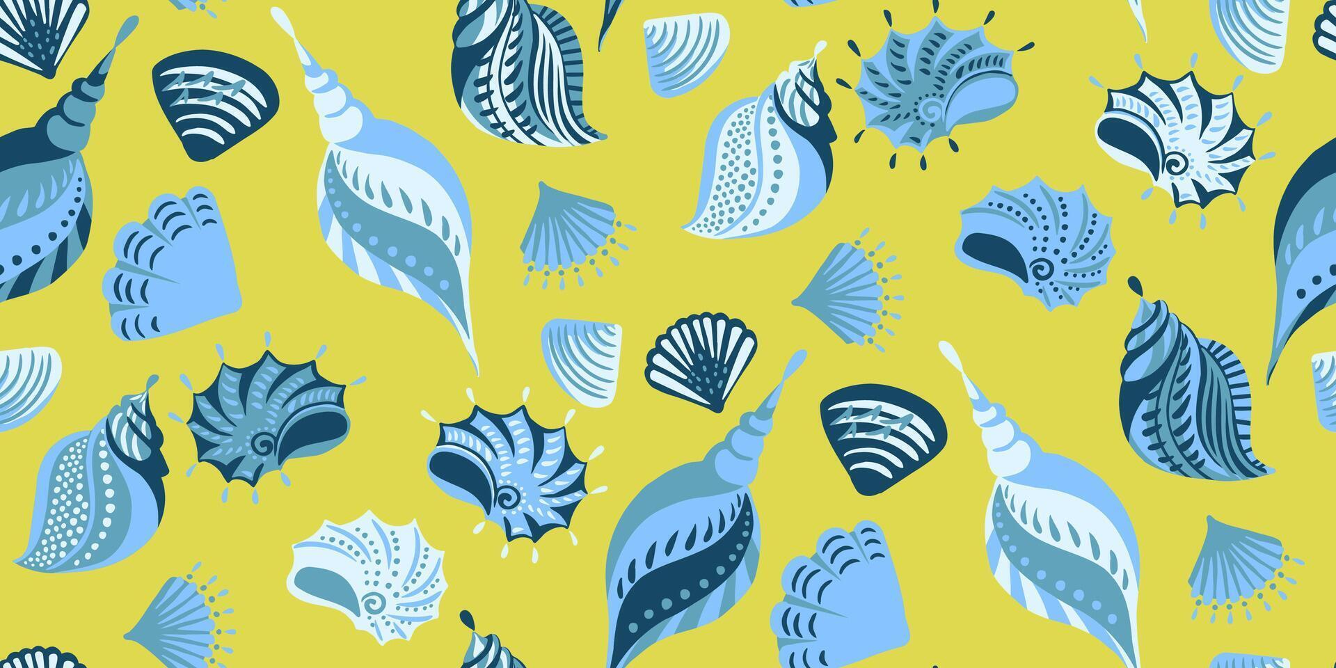 Tropical summer abstract artistic ocean sea shells seamless pattern. Vector hand drawn sketch. Colorful cute blue shells on a green background.Template for designs, notebook cover, wrapping paper