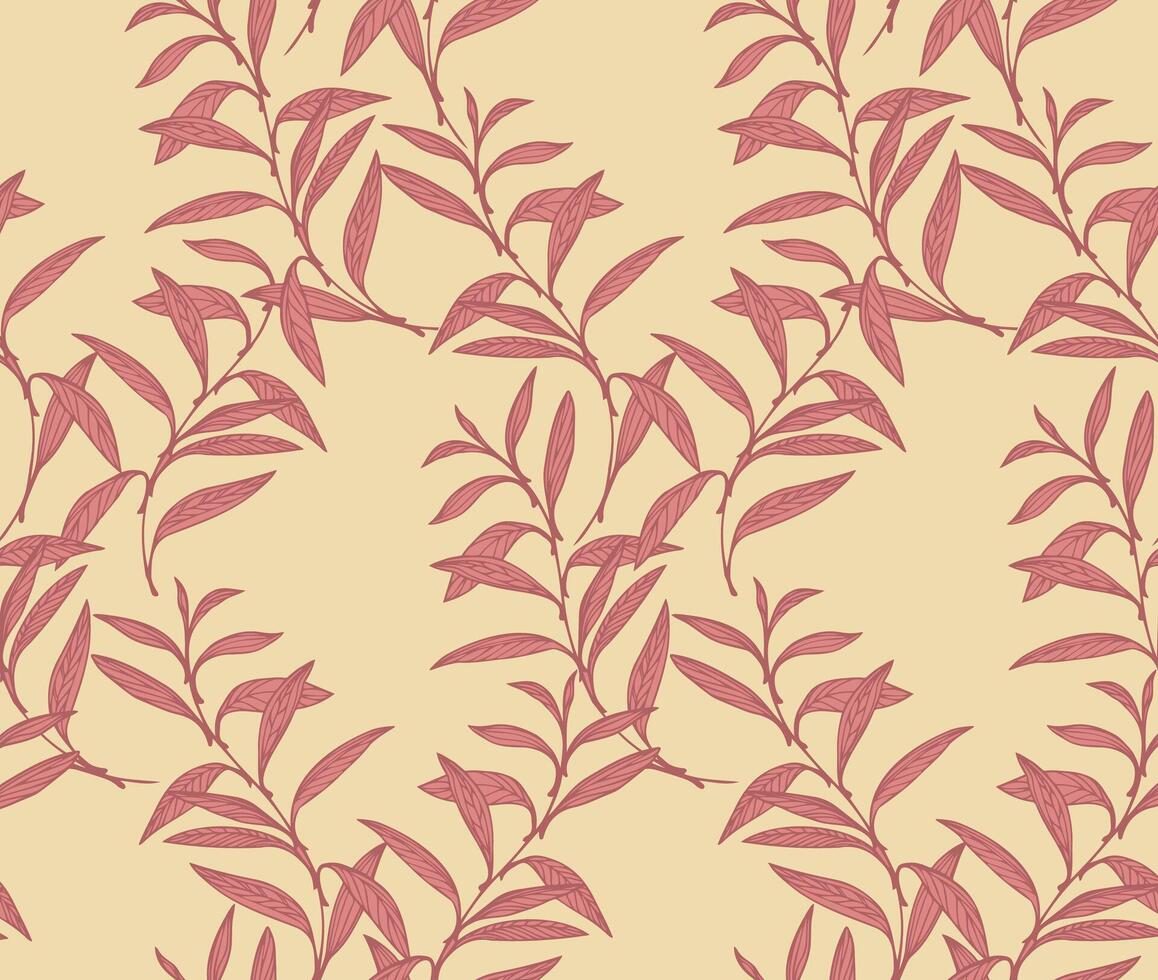 Seamless intertwined  branches leaves pattern on a light yellow background. Vector hand drawn sketch. Retro, creative leaf stems  print. Design for fashion, fabric, wallpaper.