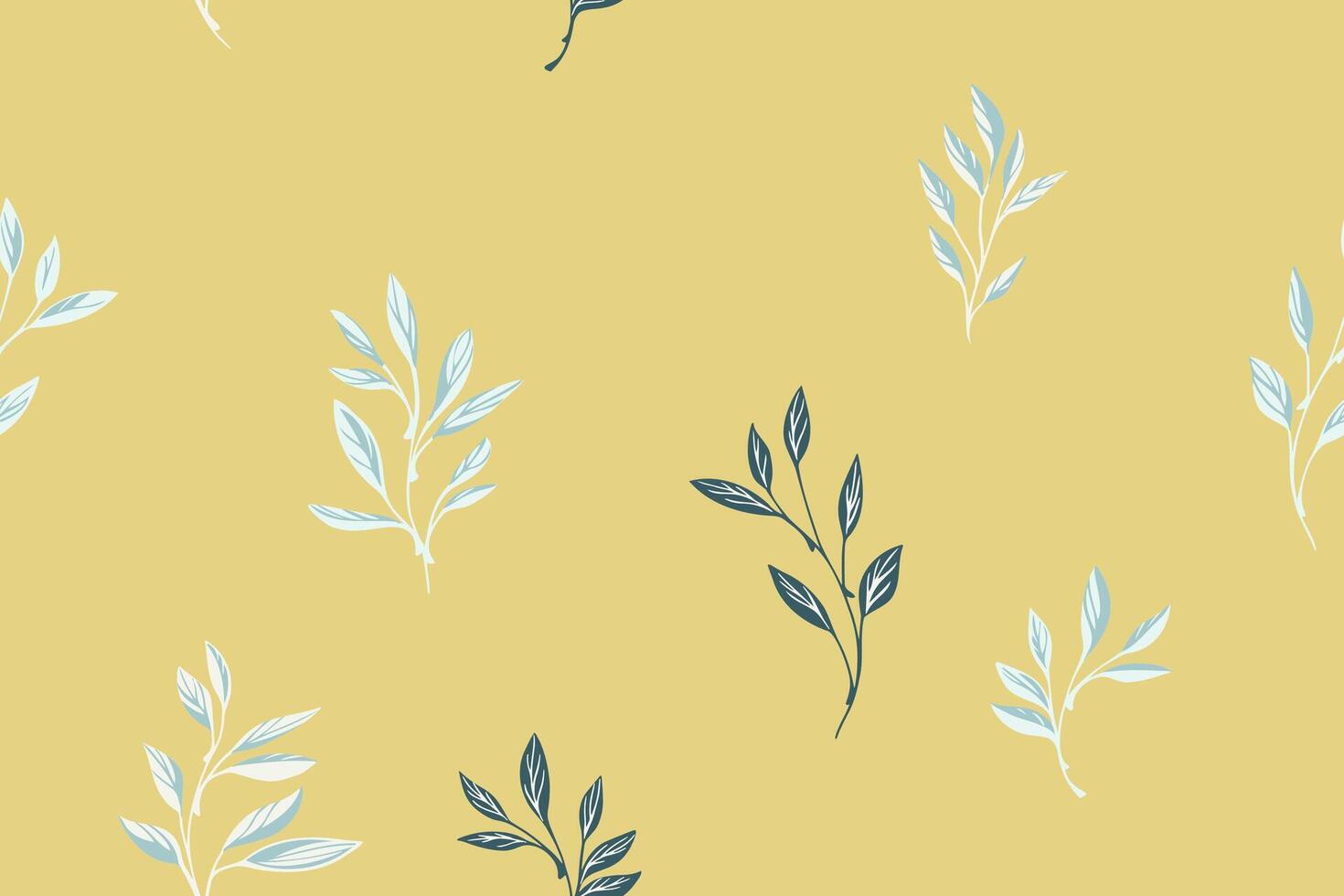 Minimalist seamless pattern with abstract tiny leaves branches. Vector hand drawn sketch. Collage yellow simple flat botanical background. Template for design, printing, textile, fabric, patterned