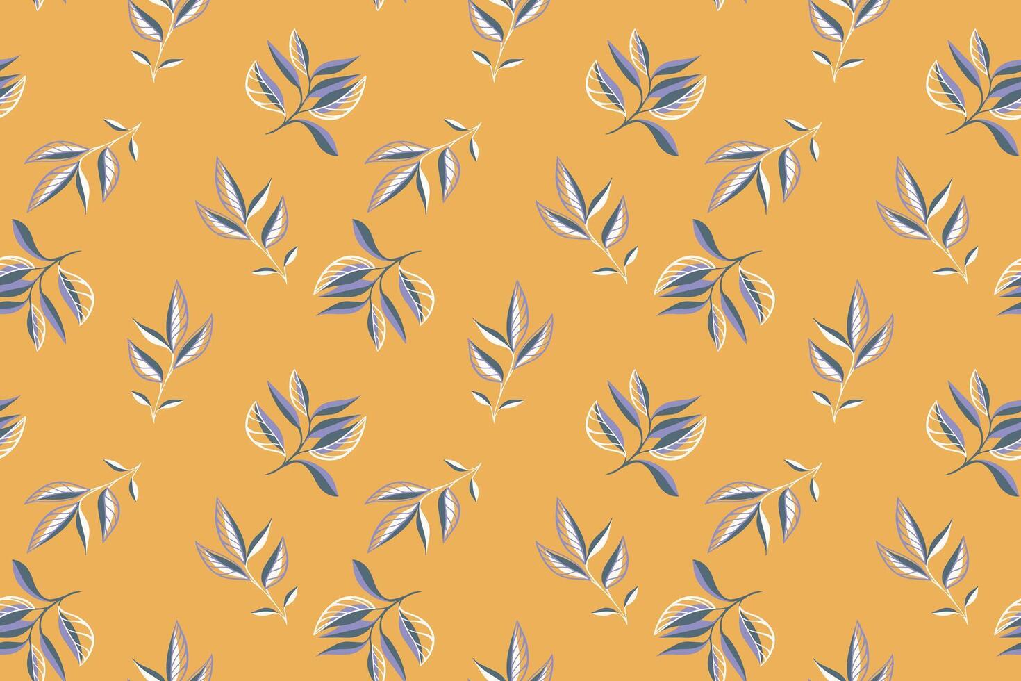 Abstract minimalist branches leaves seamless pattern. Cute creative tiny tropical leafs scattered randomly on a yellow background. Vector hand drawn sketch. Collage for designs, printing, patterned