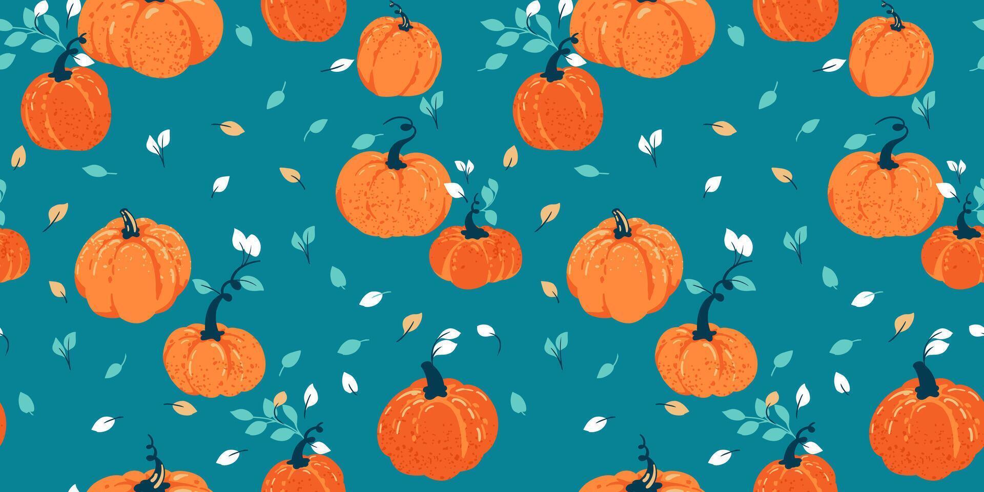 Seamless pattern with cute, autumn pumpkins and leaves. Vector hand drawn abstract pumpkin print. Perfect for fall, Thanksgiving, Halloween, holidays. Template for design, fabric, textile