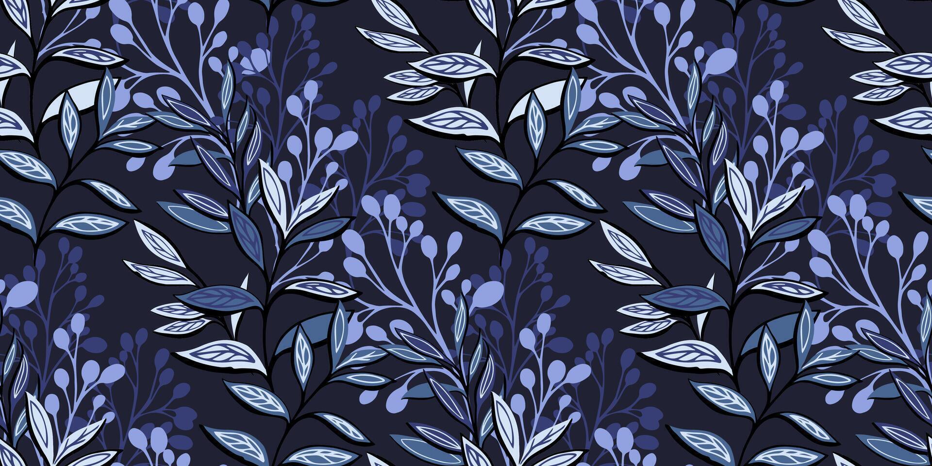Seamless pattern with modern, abstract large leaves and silhouettes branches. Vector hand drawn. Stylized shape floral leaf printing. Dark blue creative botanical background. Template for design