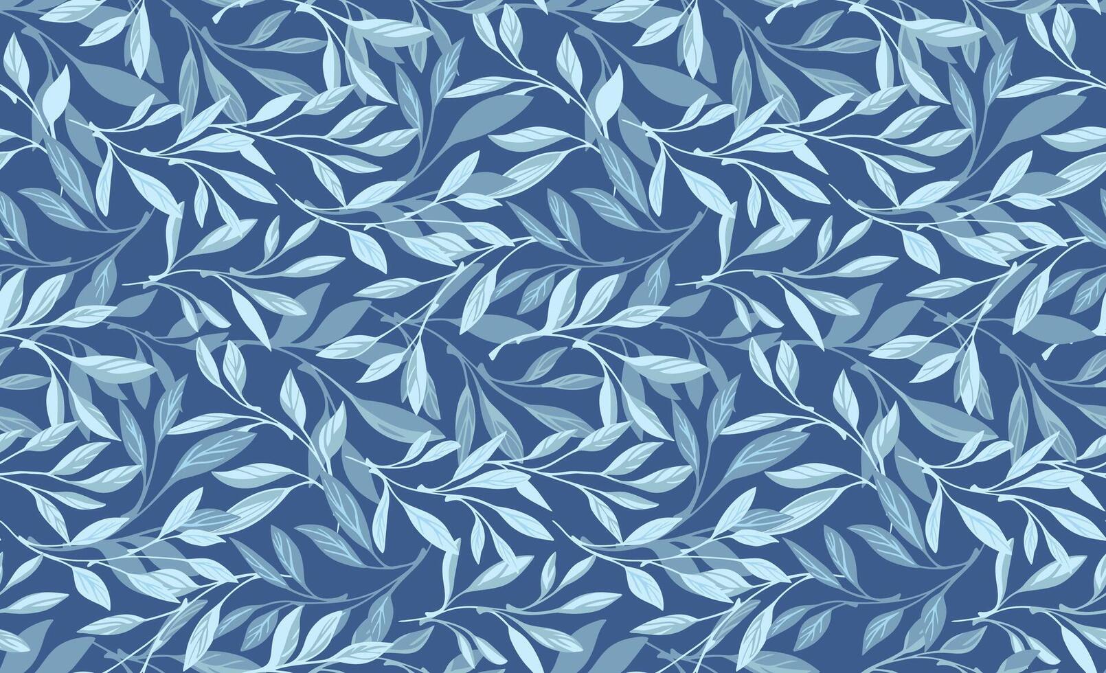 Monotone blue abstract artistic leaves branches seamless pattern. Vector hand drawn Illustration. Stylized leaf stems forest printing. Collage template for designs, fabric, patterned