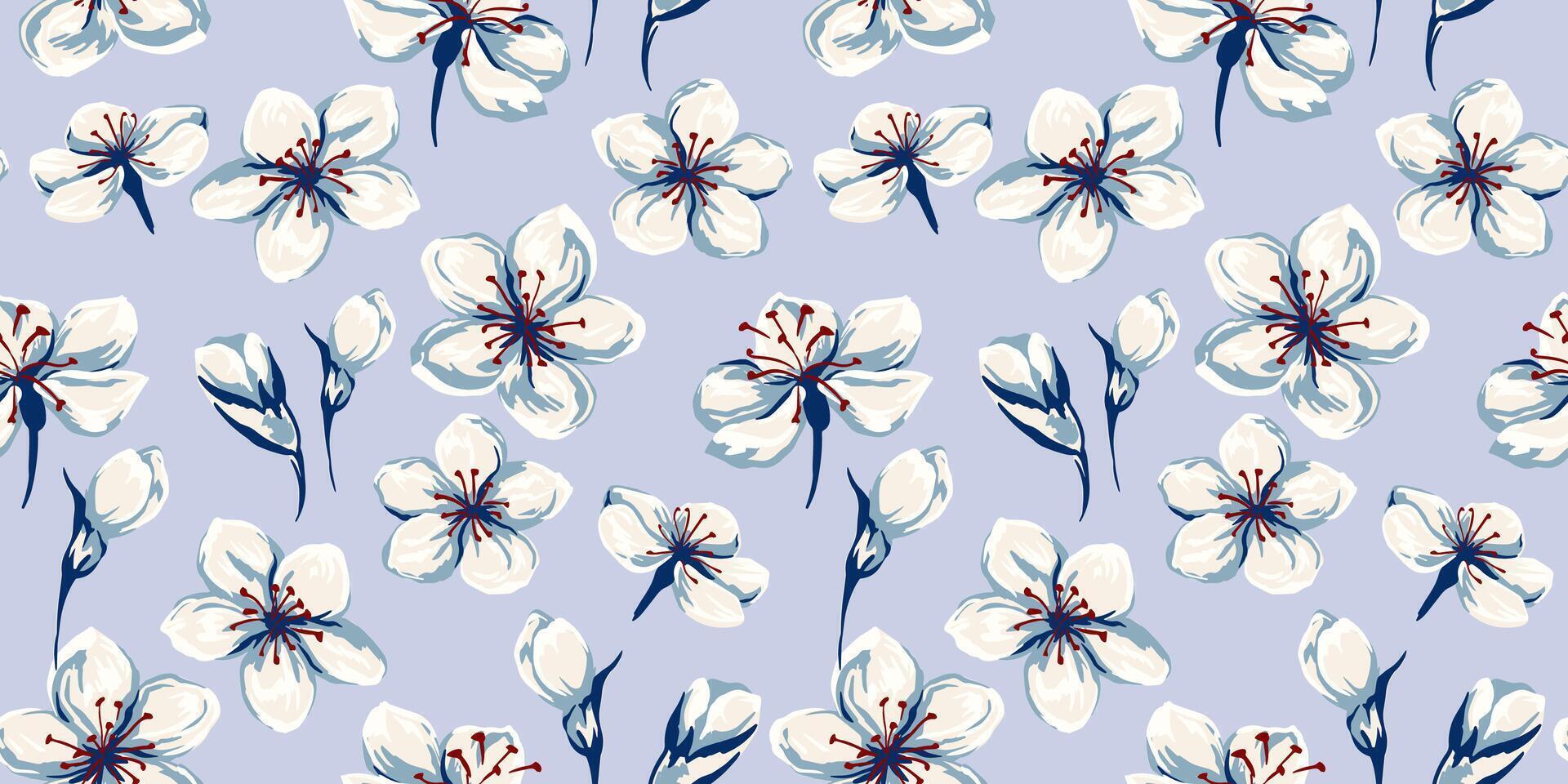 Pastel blue seamless pattern with abstract artistic wild blossom floral. The trendy vector hand drawn sketch ditsy flowers and buds printing. Template for designs, fabric, textiles, printing