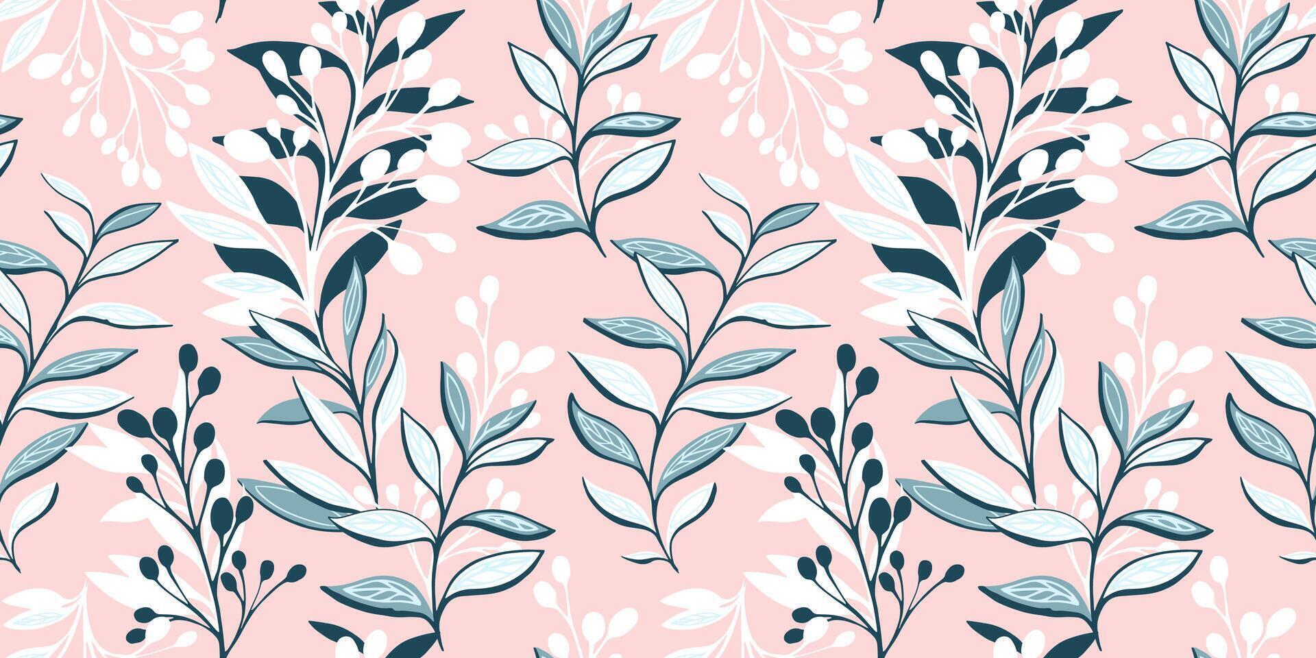 Seamless pattern with abstract, graphic stem leaves, branches berries. Vector hand drawn. Creative stylized floral on a pink background.  Template for design, fashion, fabric, printing