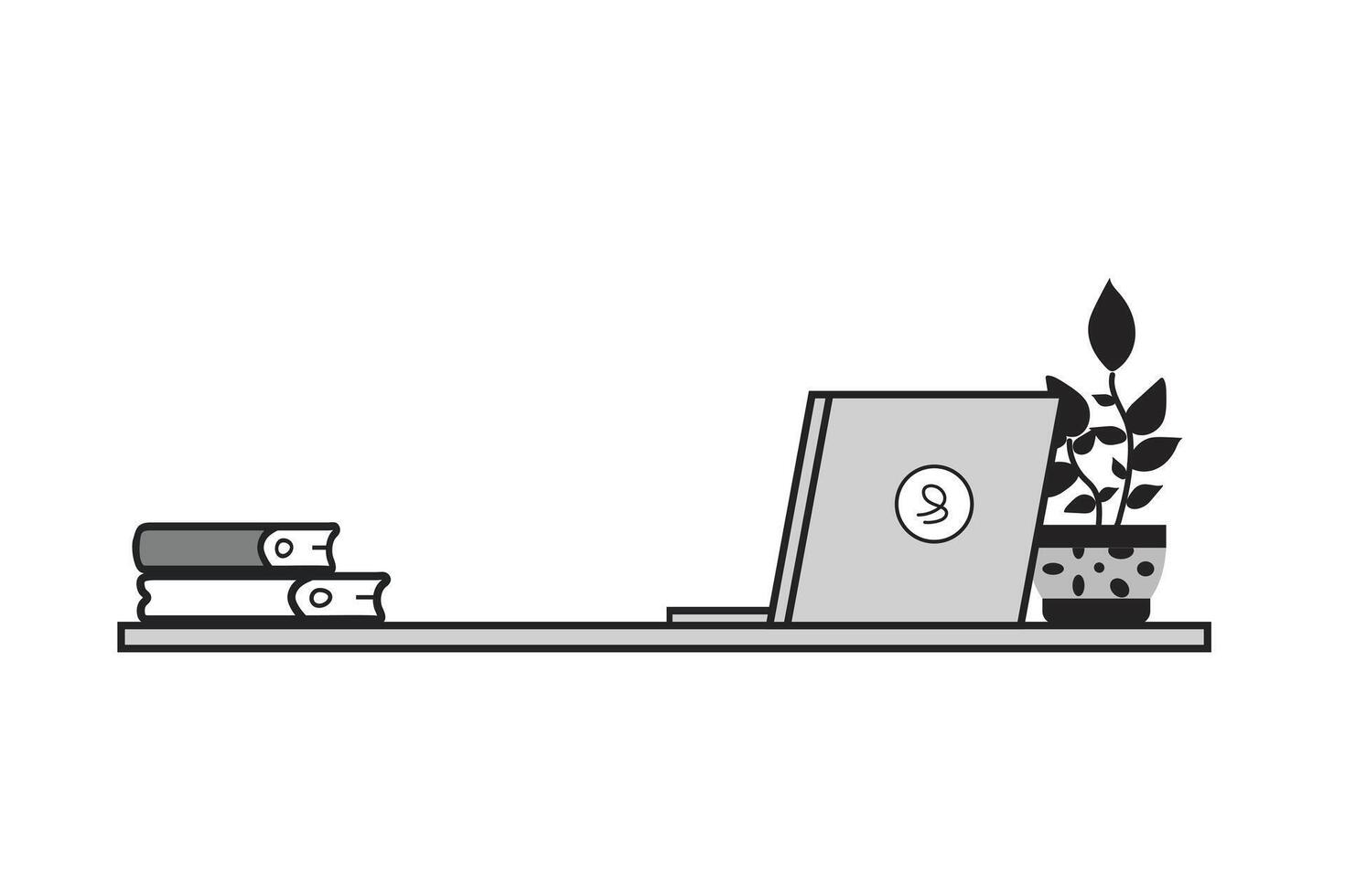 Book self with table, laptop and office plant flat illustration vector