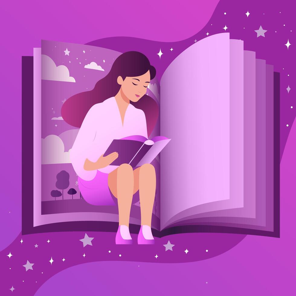 A girl reads a fantasy book against the background of a large book. Vector illustration