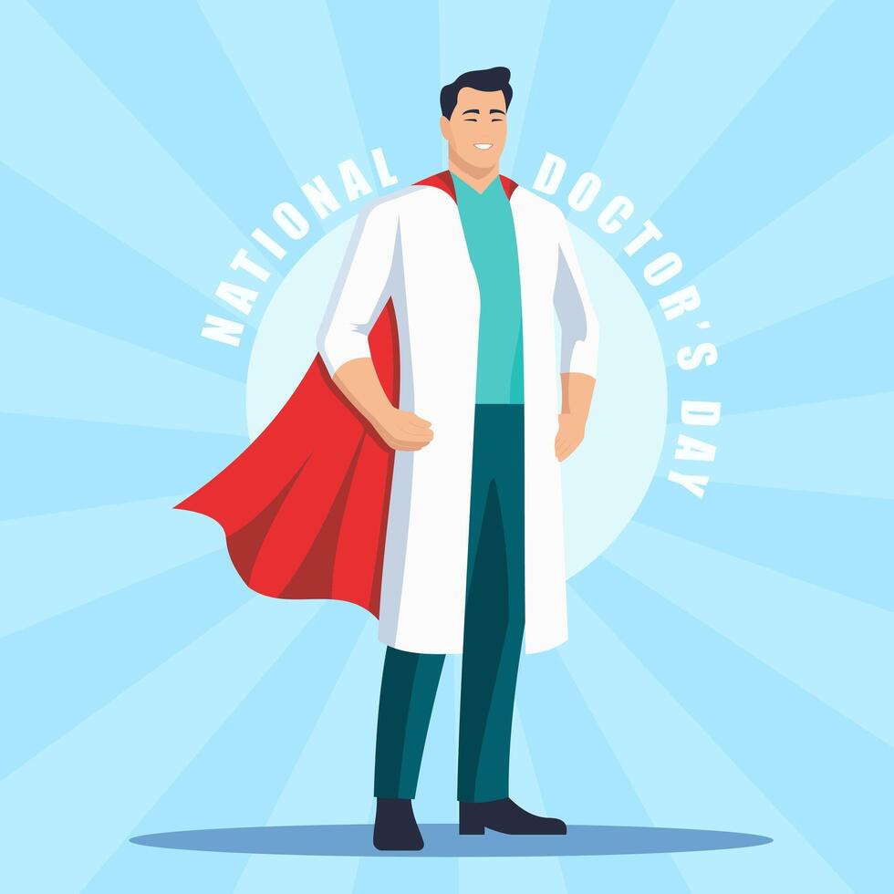 National Doctor's Day. Male doctor with red superhero cape. Vector illustration.