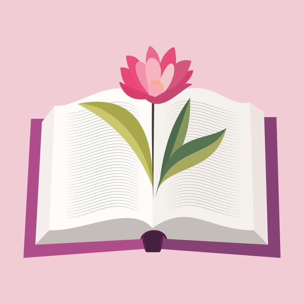 Open book and flower. Flat vector illustration