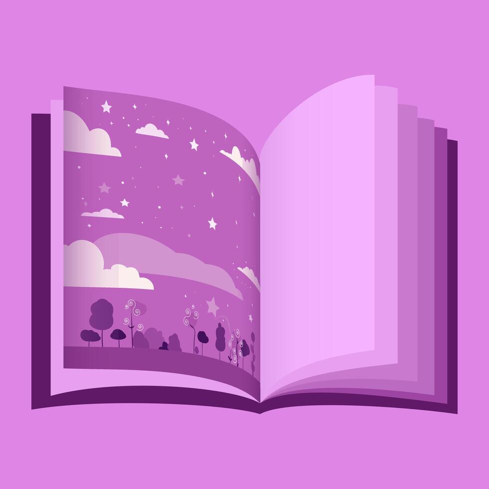 A book with a cosmic illustration of the sky with stars and clouds. Vector illustration
