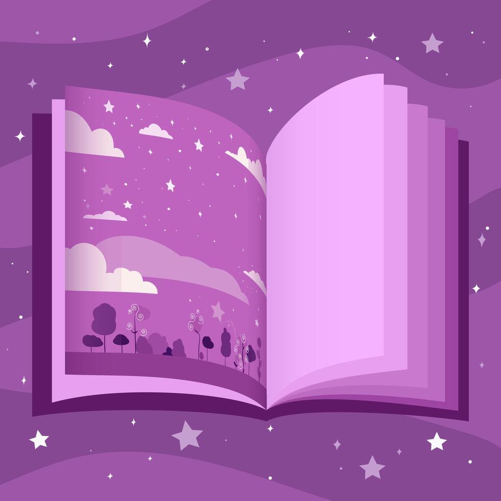 A book with a cosmic illustration of the sky with stars and clouds. Vector illustration