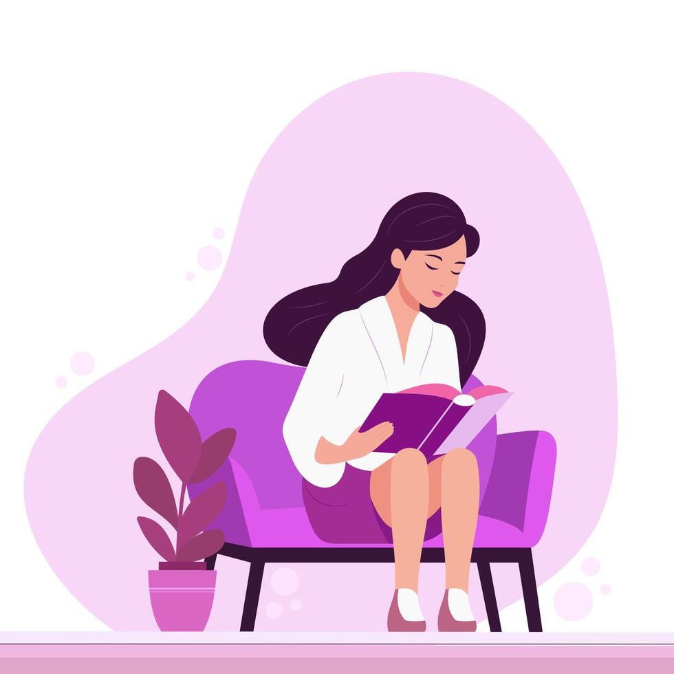 un niña lee un libro en un sillón. plano vector ilustración